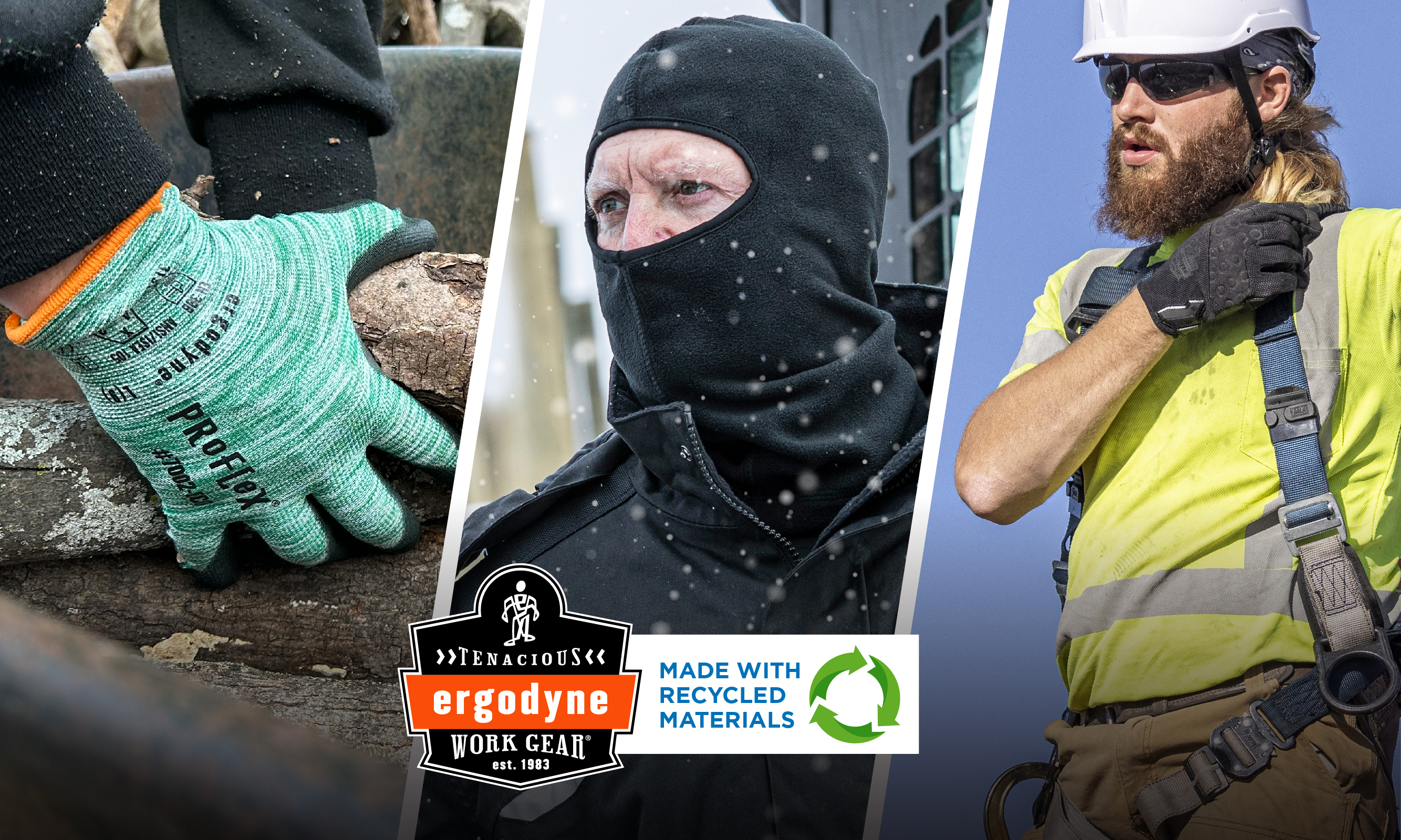 Workers wearing recycled PU-coated gloves, recycled balaclava face mask and recycled hi-vis t-shirt
