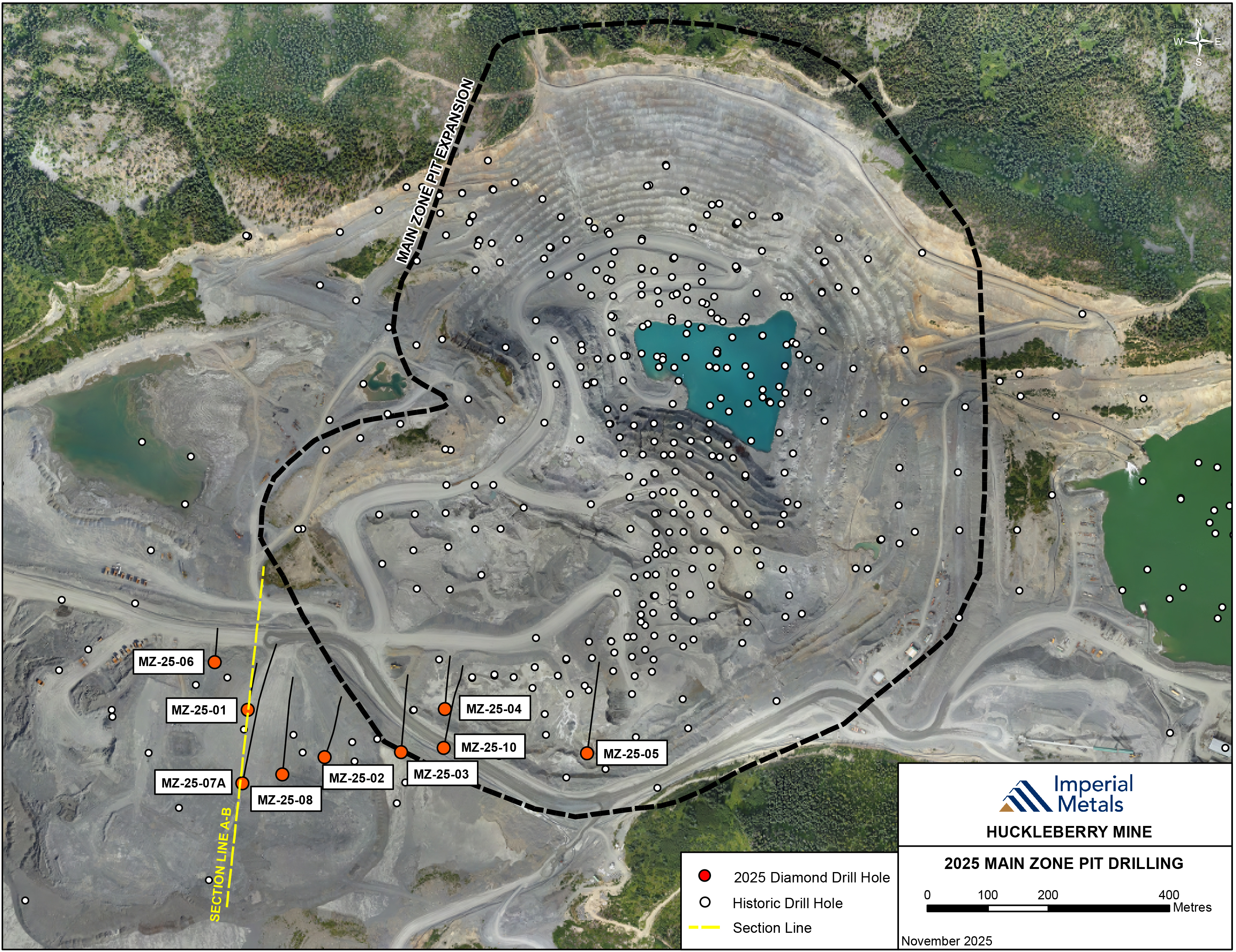 Figure 1: Location Plan Map showing the Huckleberry Main Zone Expansion Pit relative to the new 2025 diamond drill holes.  image