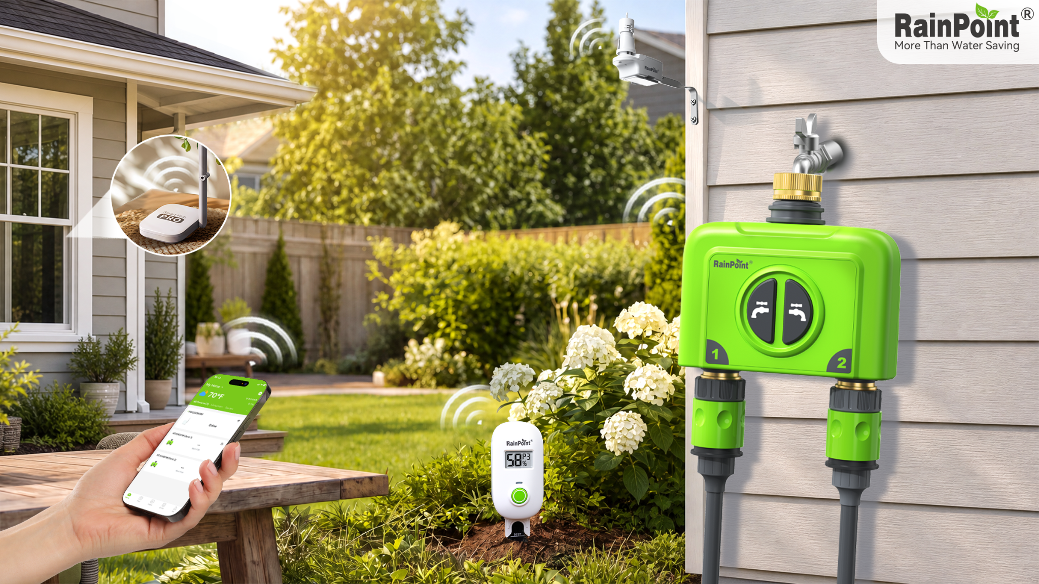 RainPoint smart garden ecosystem connects a dual-zone timer, soil sensor, rain sensor, gateway, and mobile app in a backyard.