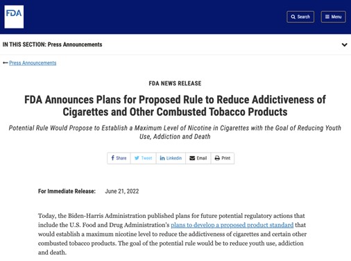 In an announcement dated June 21, 2022, the U.S. Food and Drug Administration announced its plans for a proposed rule to establish a maximum level of nicotine in tobacco cigarettes sold in the United States. The Company anticipates that such a rule could prove advantageous for its flagship product TAAT®, which is a nicotine-free and tobacco-free alternative to tobacco cigarettes.