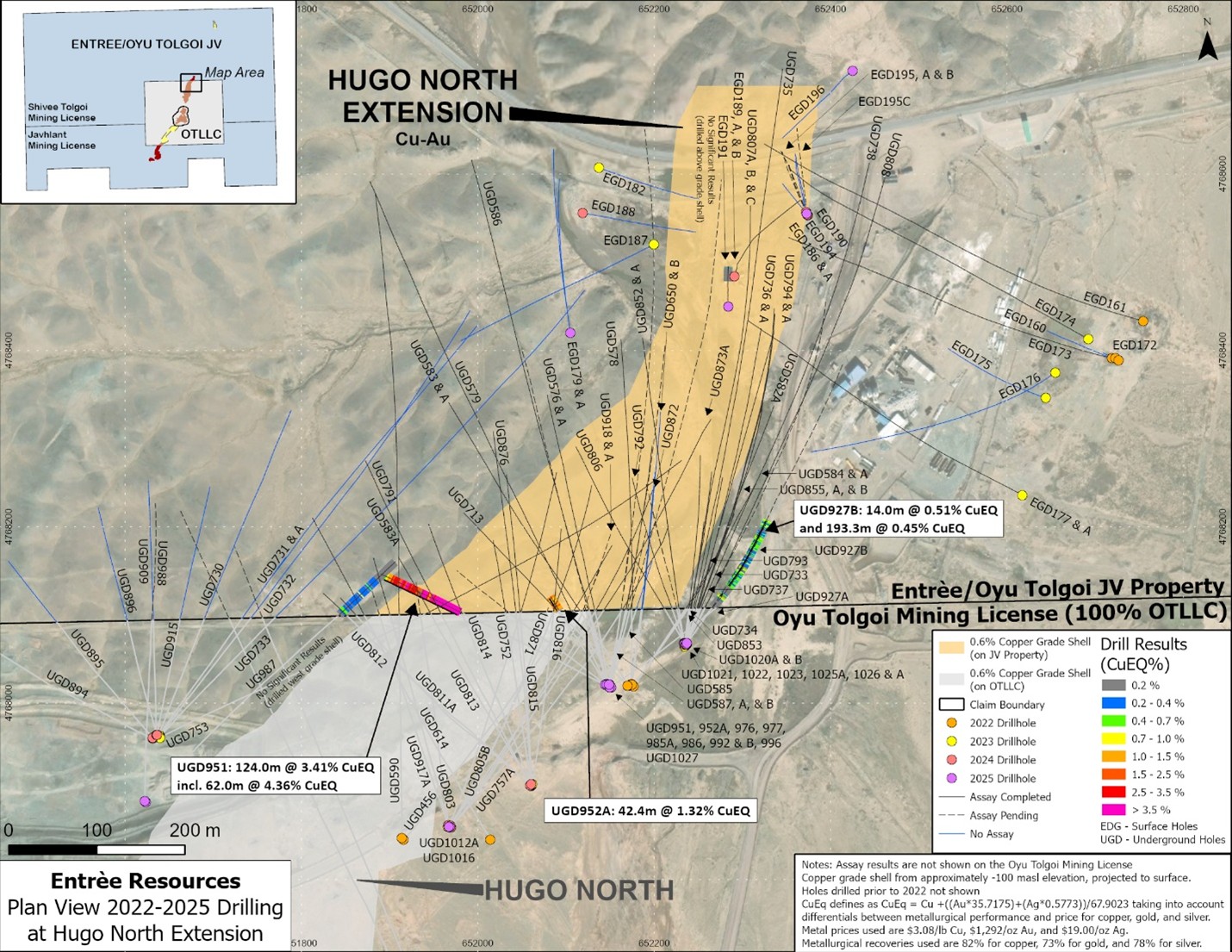 Plan View of Newly Released Assay Intervals and Locations of 2022-2025 Drill Holes 