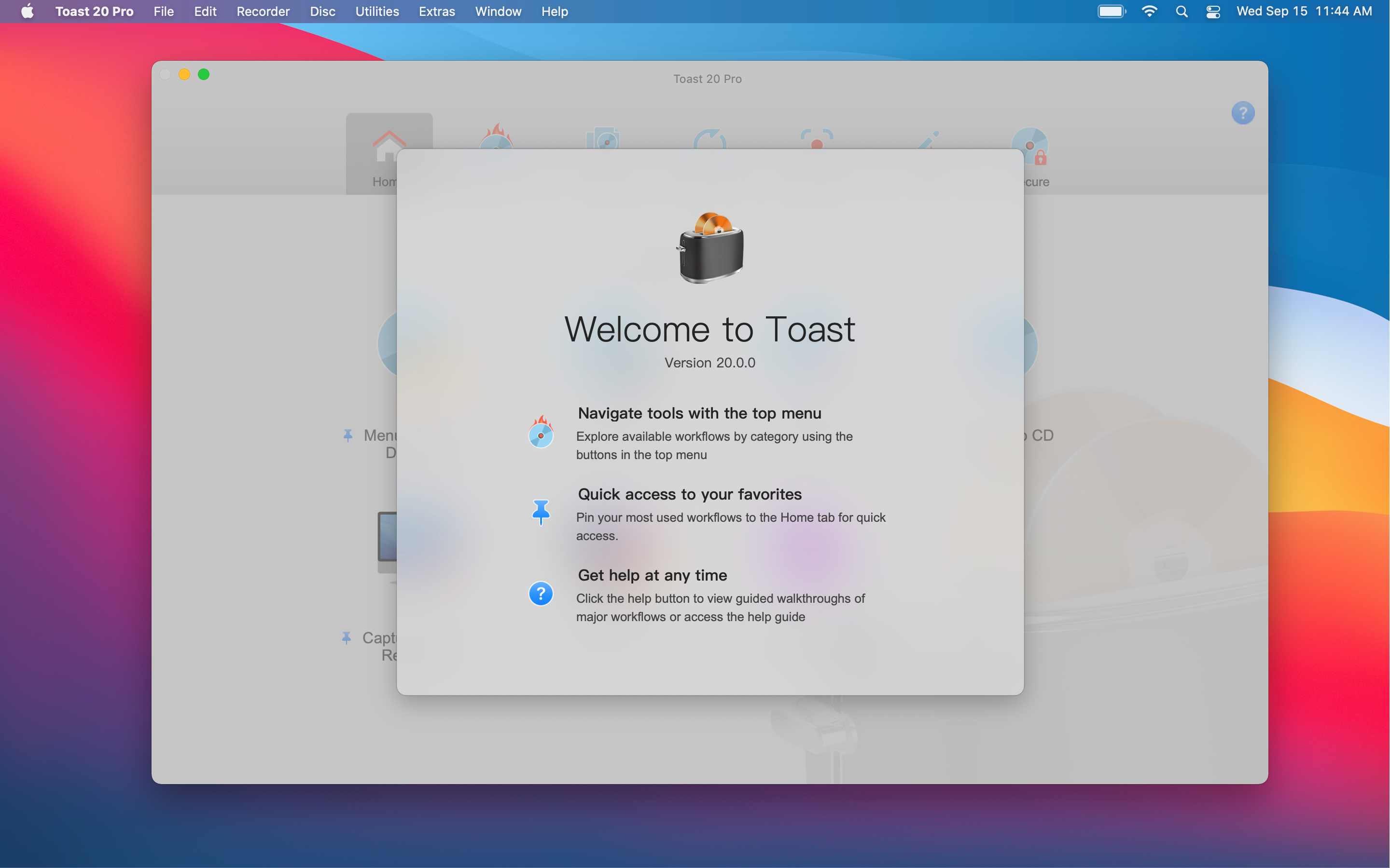 Roxio Toast 20 - Welcome Screen