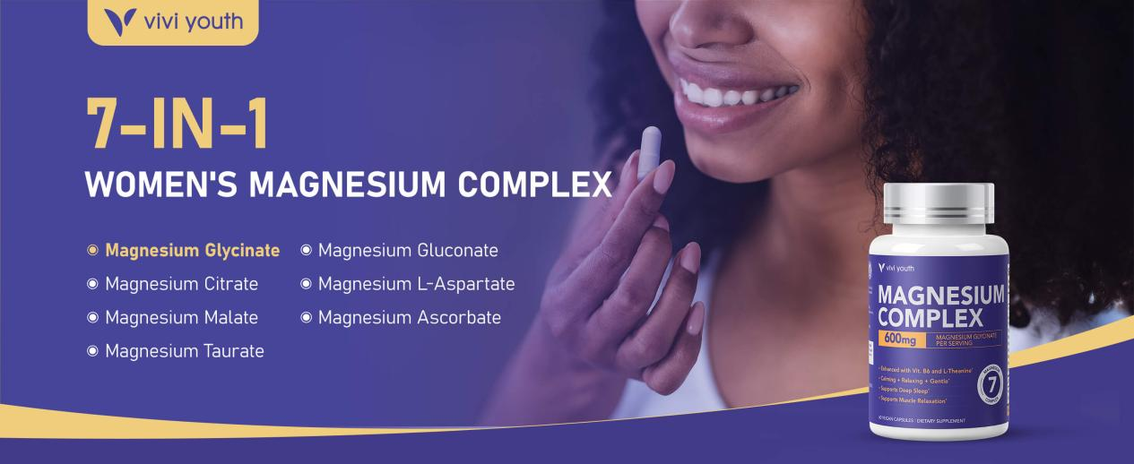 ViVi Youth 7-in-1 women's magnesium complex supplement containing seven forms including glycinate, citrate, and malate.
