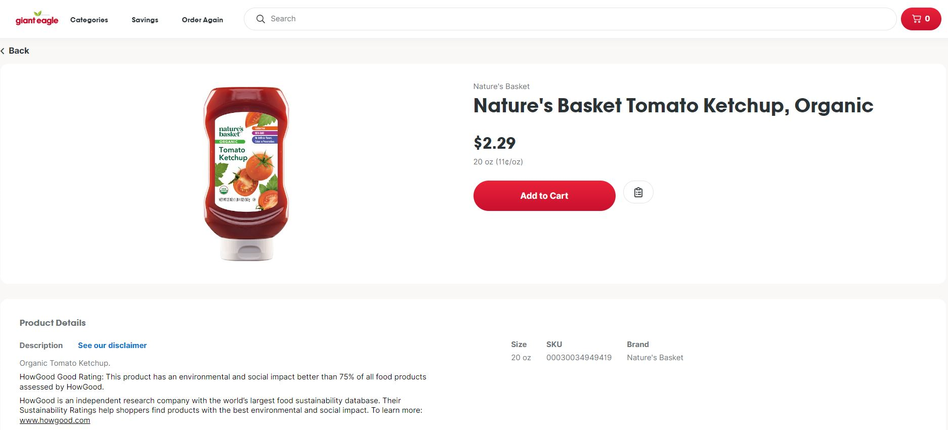 The HowGood Ratings of Nature's Basket items is featured on the item's product page on the Giant Eagle website.  