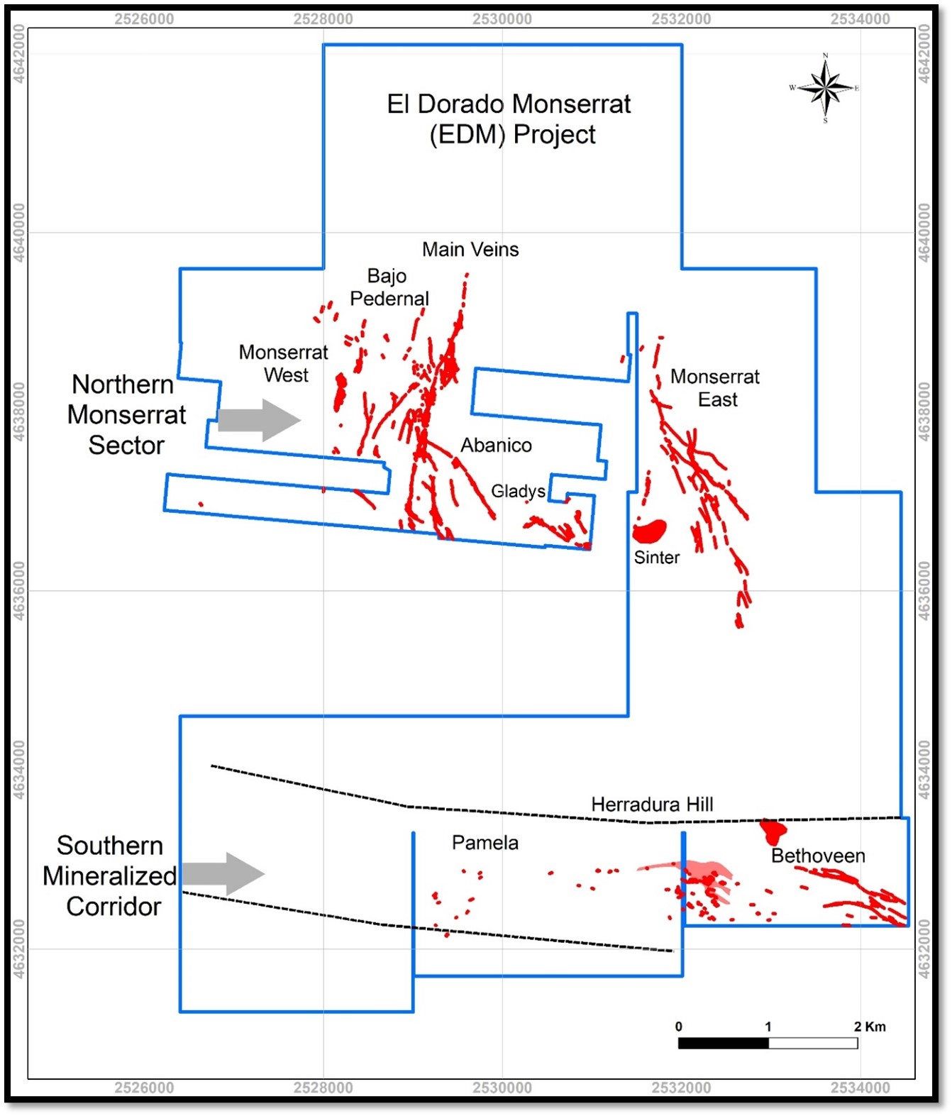 Map showing the location of the two mineralized zones at the El Dorado Monserrat gold-silver project (5,793 ha licenses).
