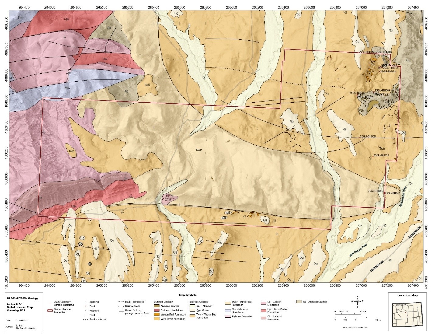 Updated geological map of the study area on the western group of BLM claims on the Airline Project