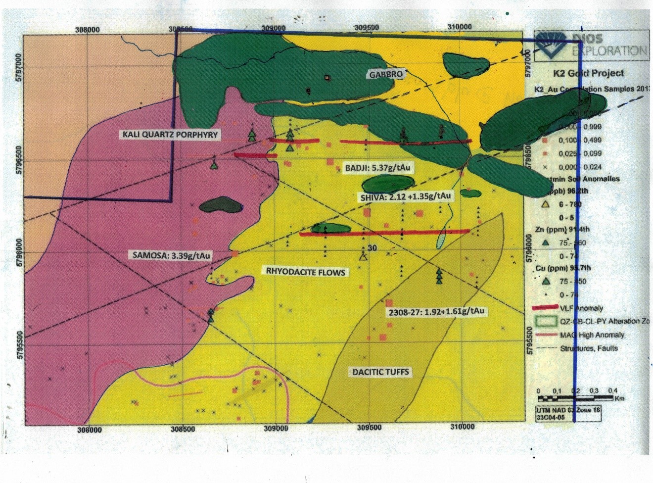 Drilling in northeastern K2 in felsic rocks intertwined with small gabbro plug series, SW of Patwon discovery, along prospective shear zone gold corridor