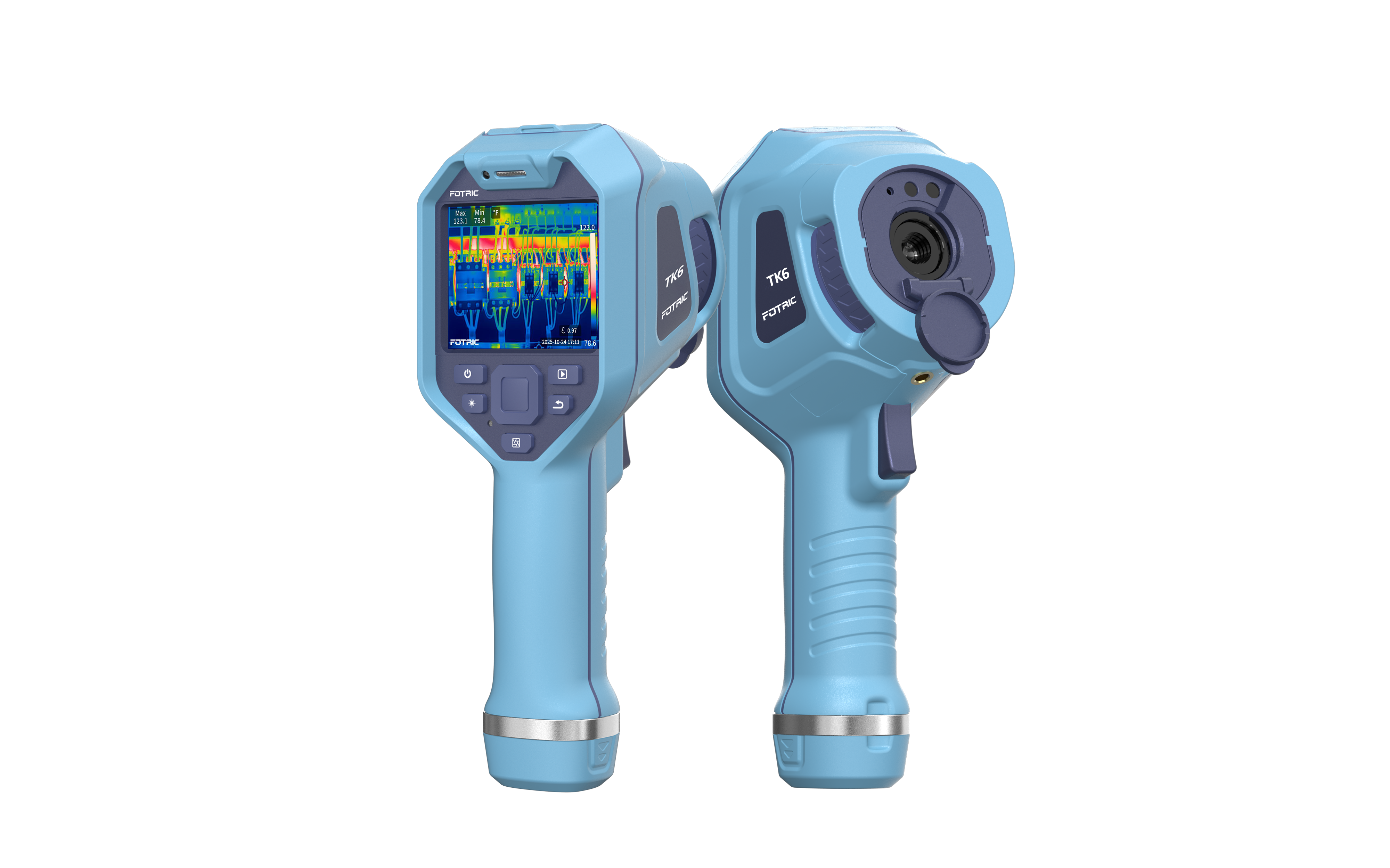Product image of the FOTRIC TK6 handheld thermal camera featuring a 3.5-inch HD display and manual focus lens, representing precision and reliability.