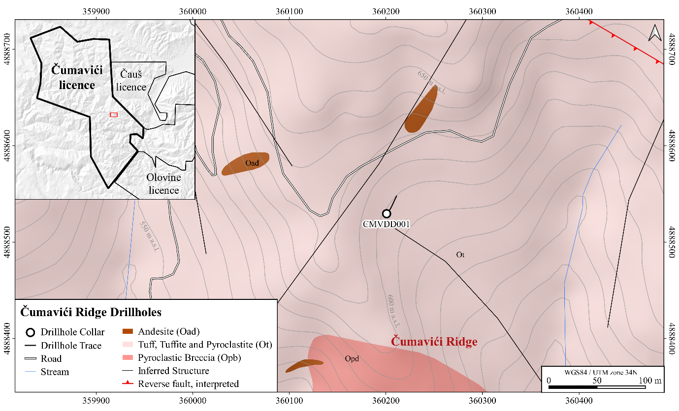 Geological map of the Cumavici volcanics hosting the epithermal vein system with the drillhole CMVDD001 collared at 045°/-85°.