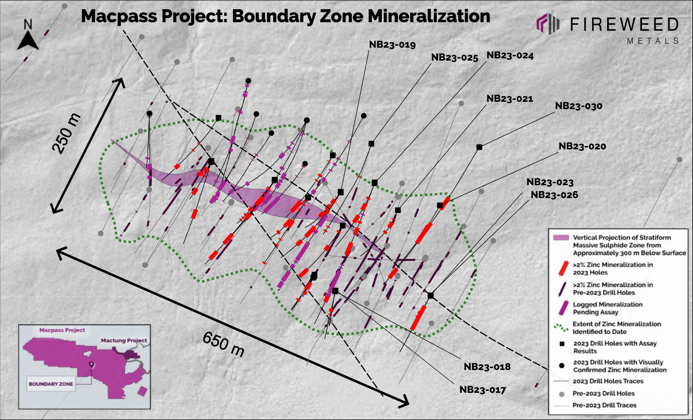 Map 3: Mineralized intervals in 2023 drilling and pre-2023 drilling defining a stratiform laminated to massive sulphide zone that is connected at depth (purple polygon) and a broader envelope of vein, breccia, and other stratiform zinc mineralization, showing significant areal extent (within green dashed line).