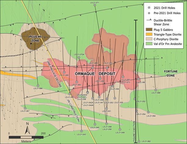 Geological map of the Ormaque deposit area, showing collars and traces of drill holes completed since the February 2021 announcement of the maiden inferred resource and surface projection outline of the deposit area. Drillhole collar coordinates and orientations provided in Appendix 2.