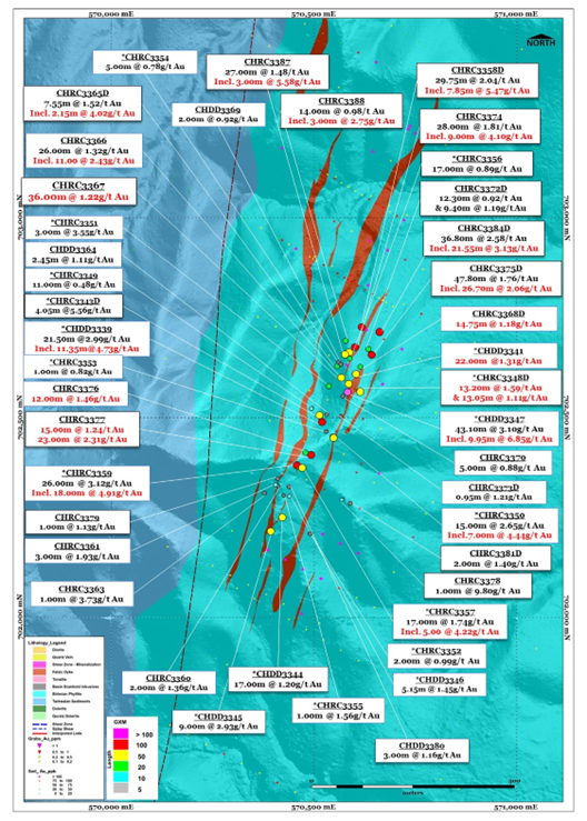 Plan view map of Aboduabo showing collar locations and recent drill results