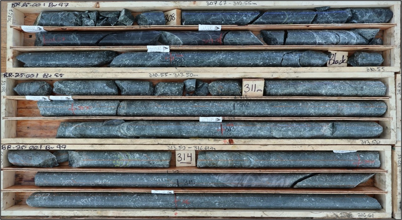 Hole BR25-001 around 311m. Crowded porphyritic intrusion unit with minor disseminated sulphides and anomalous copper values.