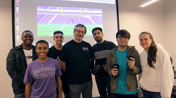 A team of LSU graduate students in kinesiology and digital media arts and entertainment are working on a project that would allow LSU Football players to develop their skills in a virtual recreation of Tiger Stadium. From left to right: Roderick Wilkins, Blairre Perriatt, Dean Rhodies, Marc Aubanel, Milad Khanlou, Jeremy Alcanzare, and Kelley Burger.