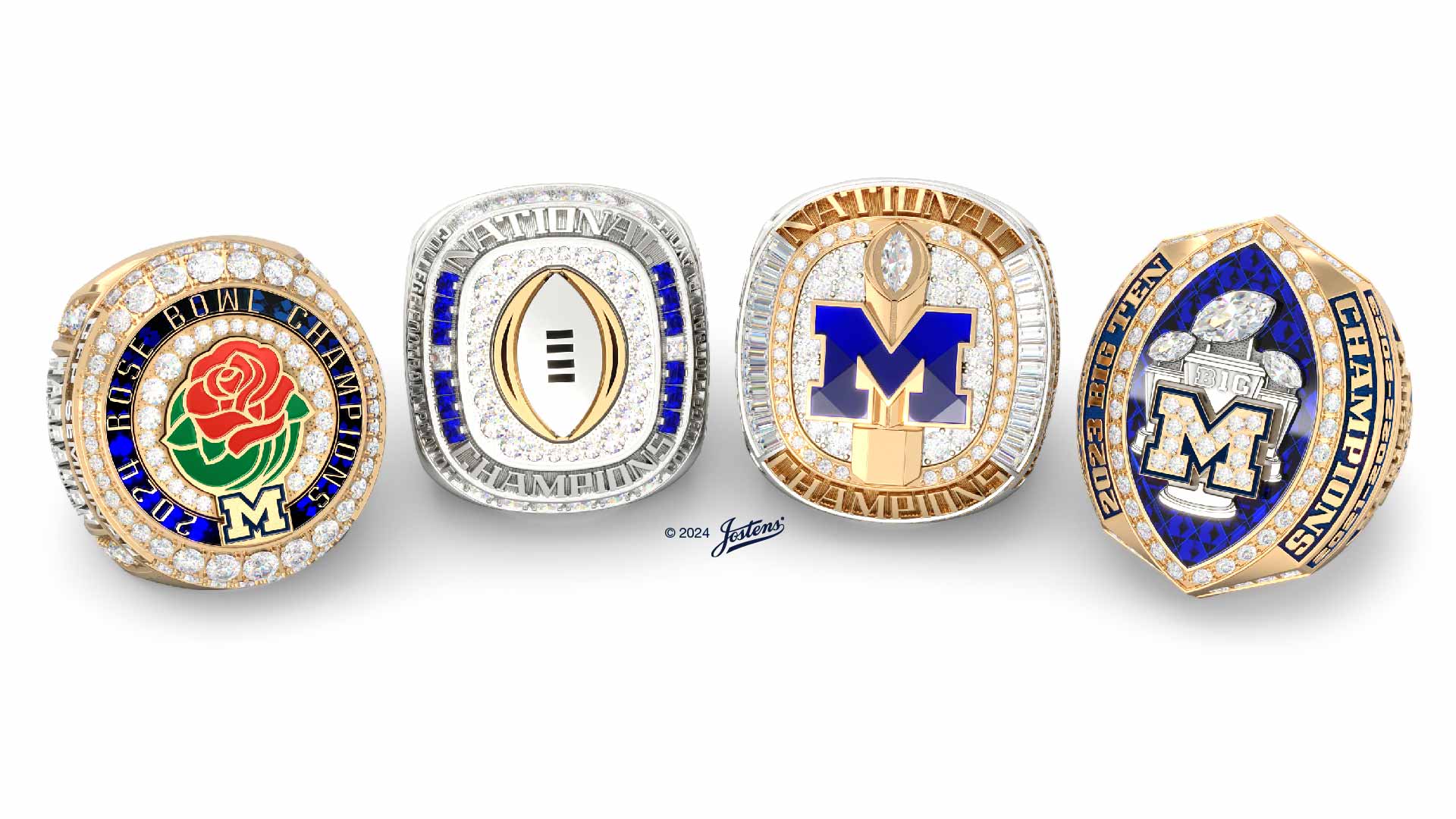 The Rose Bowl Championship Ring, the Official College Football Playoff Championship Ring, the National Championship Ring, and the Big Ten Championship Ring