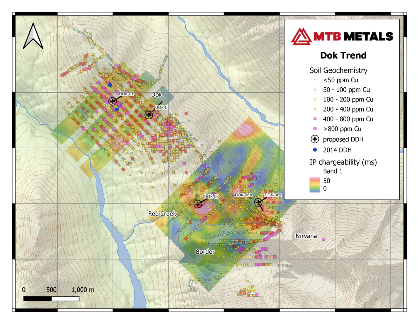 Proposed Drill Holes for the Dok Trend on top of Copper Soil Geochemistry and Induced Polarization Chargeability