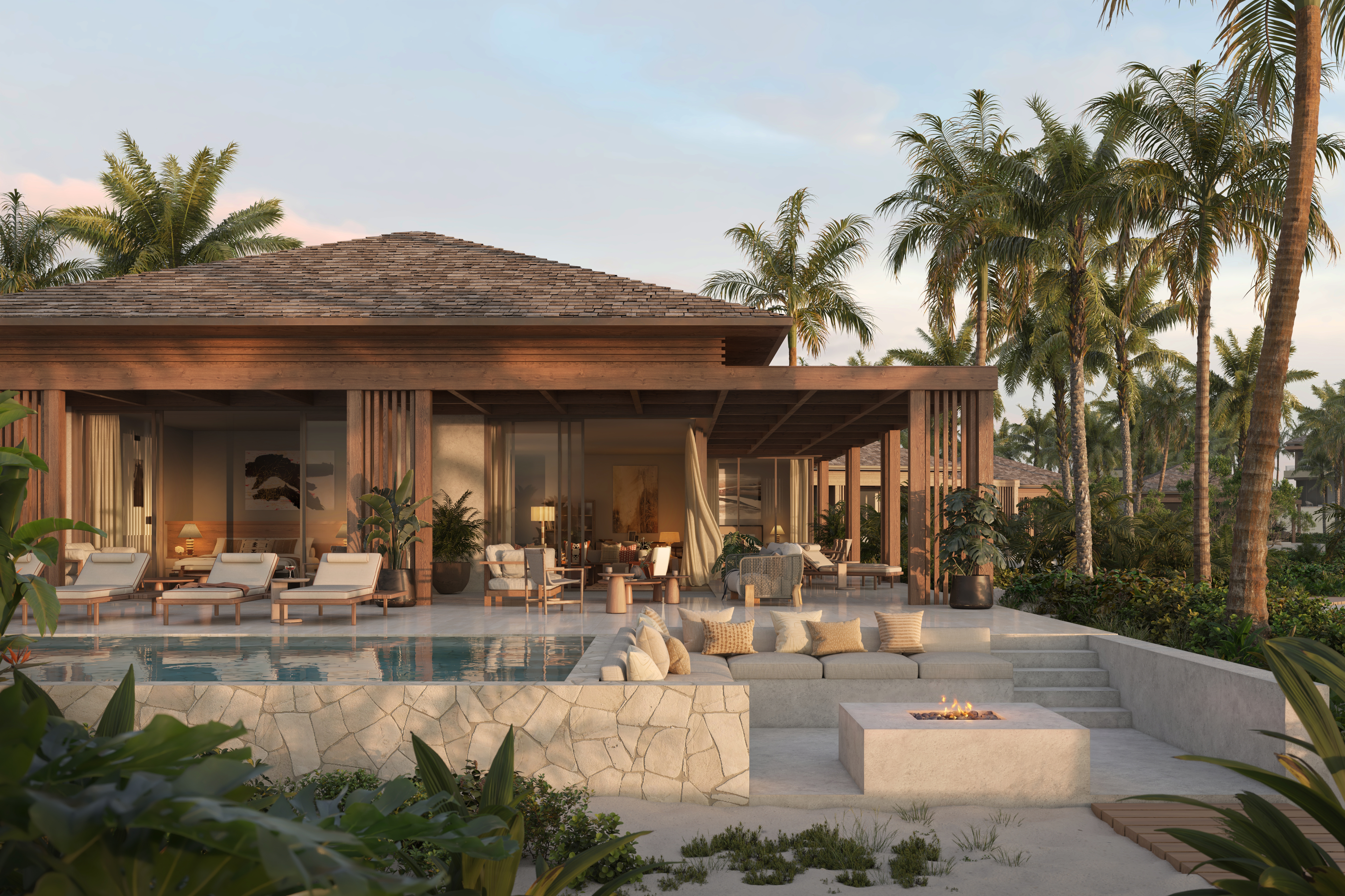 IMAGE 1-Beachfront villa exterior relaxation area - Credit Visualisation One