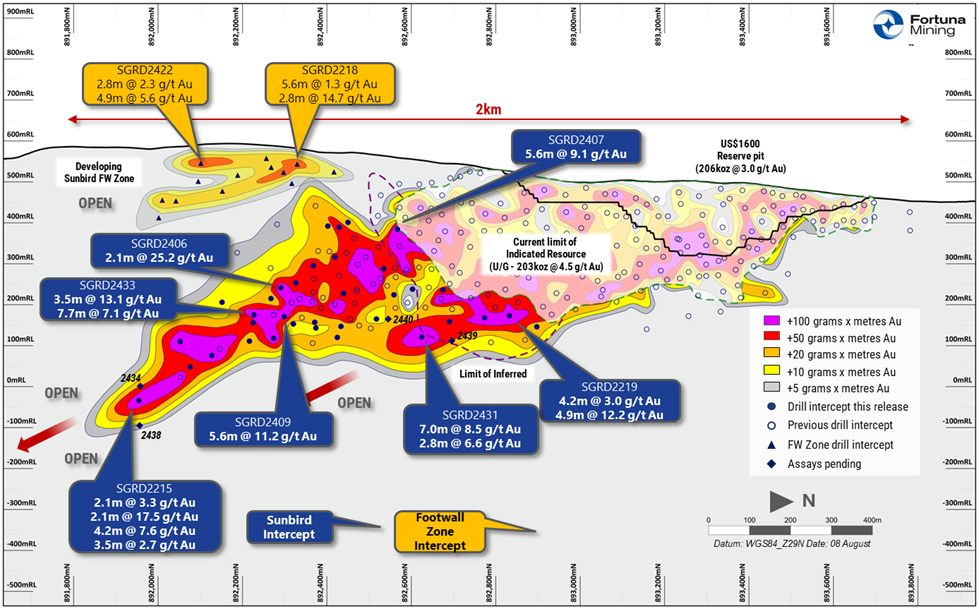 Sunbird Deposit long-section - looking west, Séguéla Mine, Côte d'Ivoire