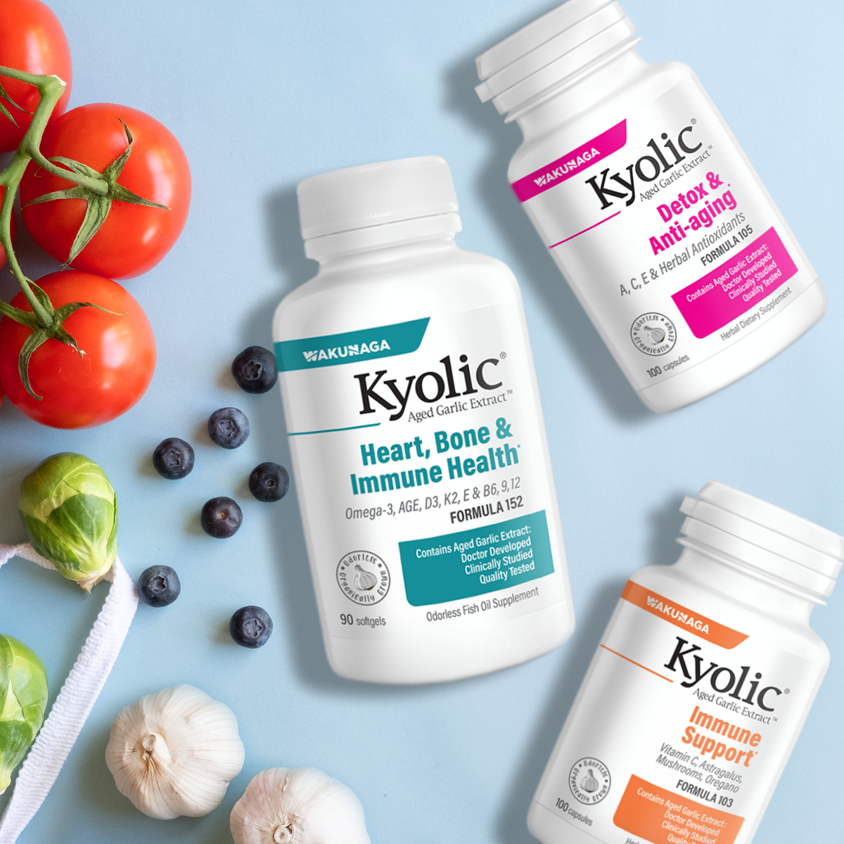 Wakunaga's Kyolic supplement line provides the most researched, science-backed formula of Aged Garlic Extract (AGE) on the market. These combination supplements not only offer cardiovascular benefits, but also address stress and fatigue relief, GI cleansing, immune support, and bone health.