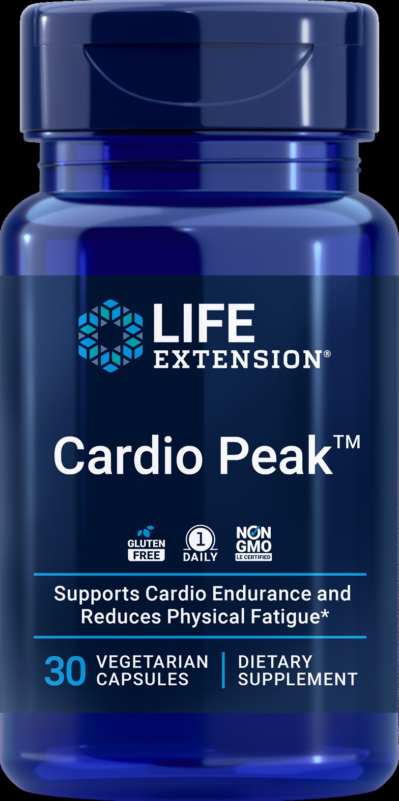 Life Extension’s Cardio Peak™ supplement Non-GMO and Gluten-Free Plant-Based support for cardiovascular endurance and heart muscle health