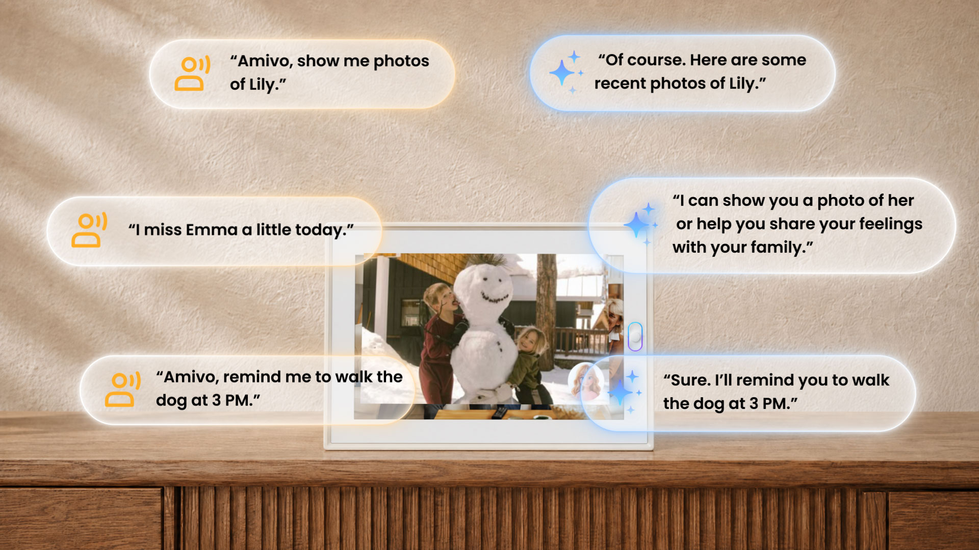 AmivoFrame smart digital photo frame showing natural voice interaction and remote photo sharing features for long-distance families.