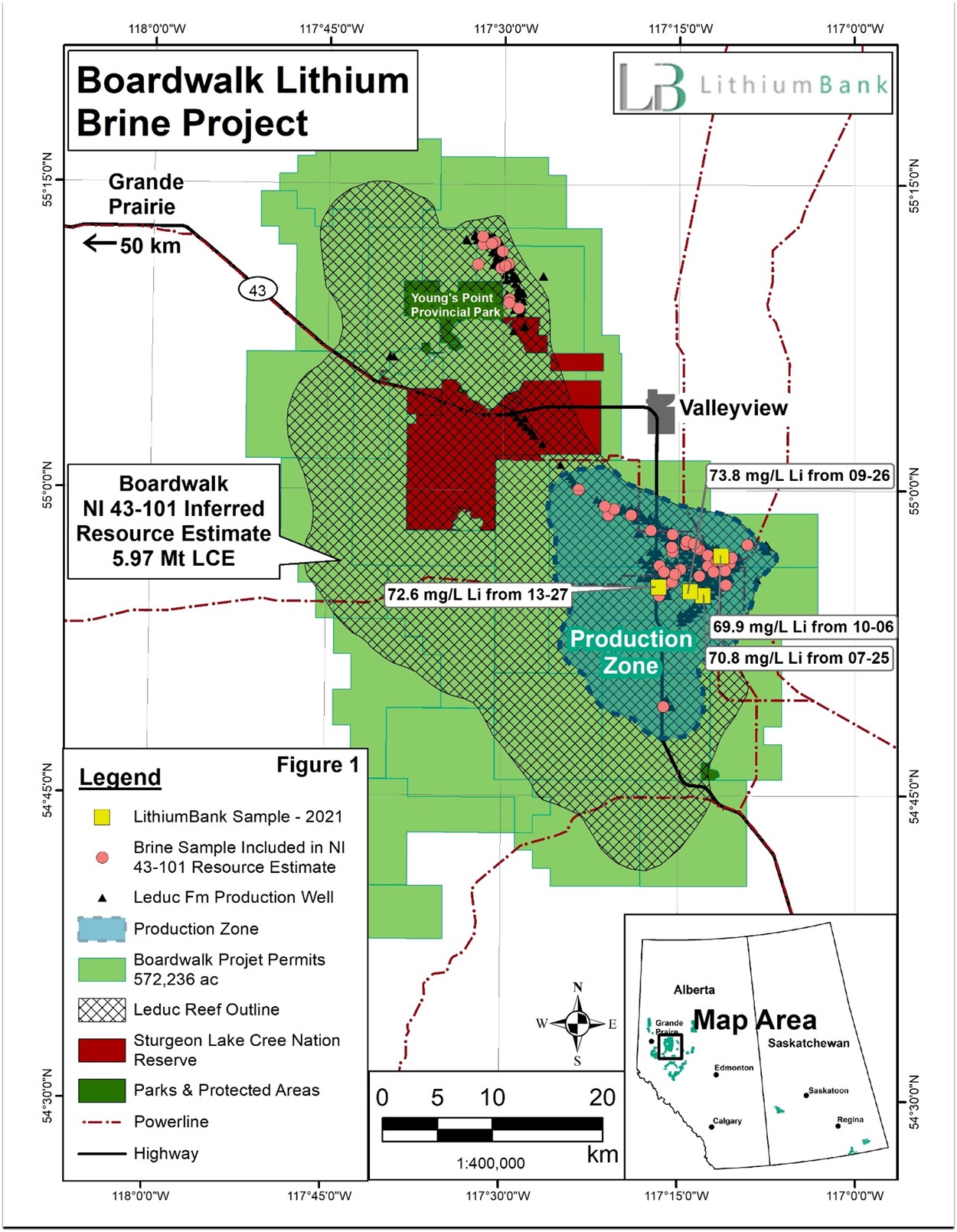 Figure 1. Boardwalk Lithium Brine Project mineral title map highlighting the "Production Zone"