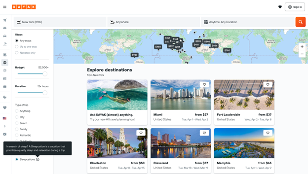 KAYAK's new filter will help travelers easily discover the most sleep-friendly destinations that they can fly to from their origin airport for the cheapest price