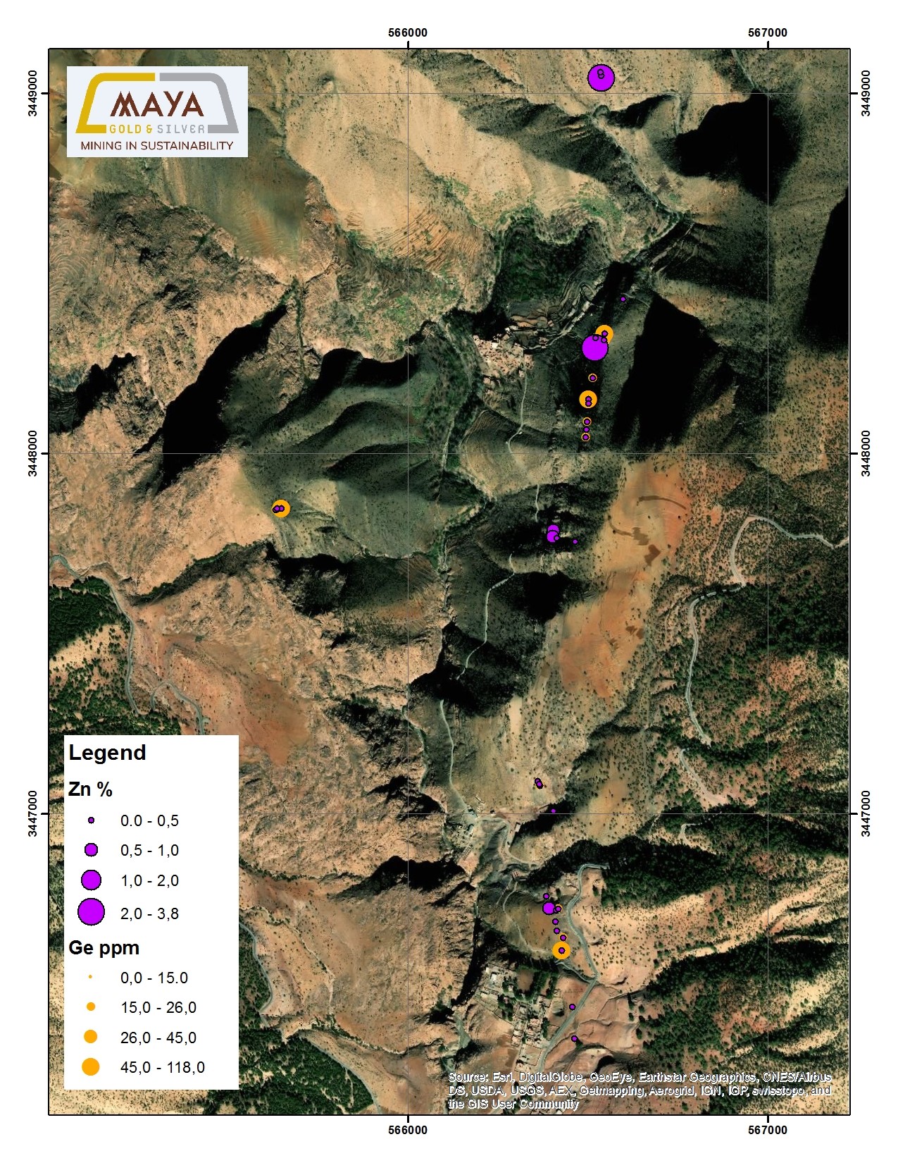 The distribution of samples showing Zn (%) and Ge (ppm), Azegour property.