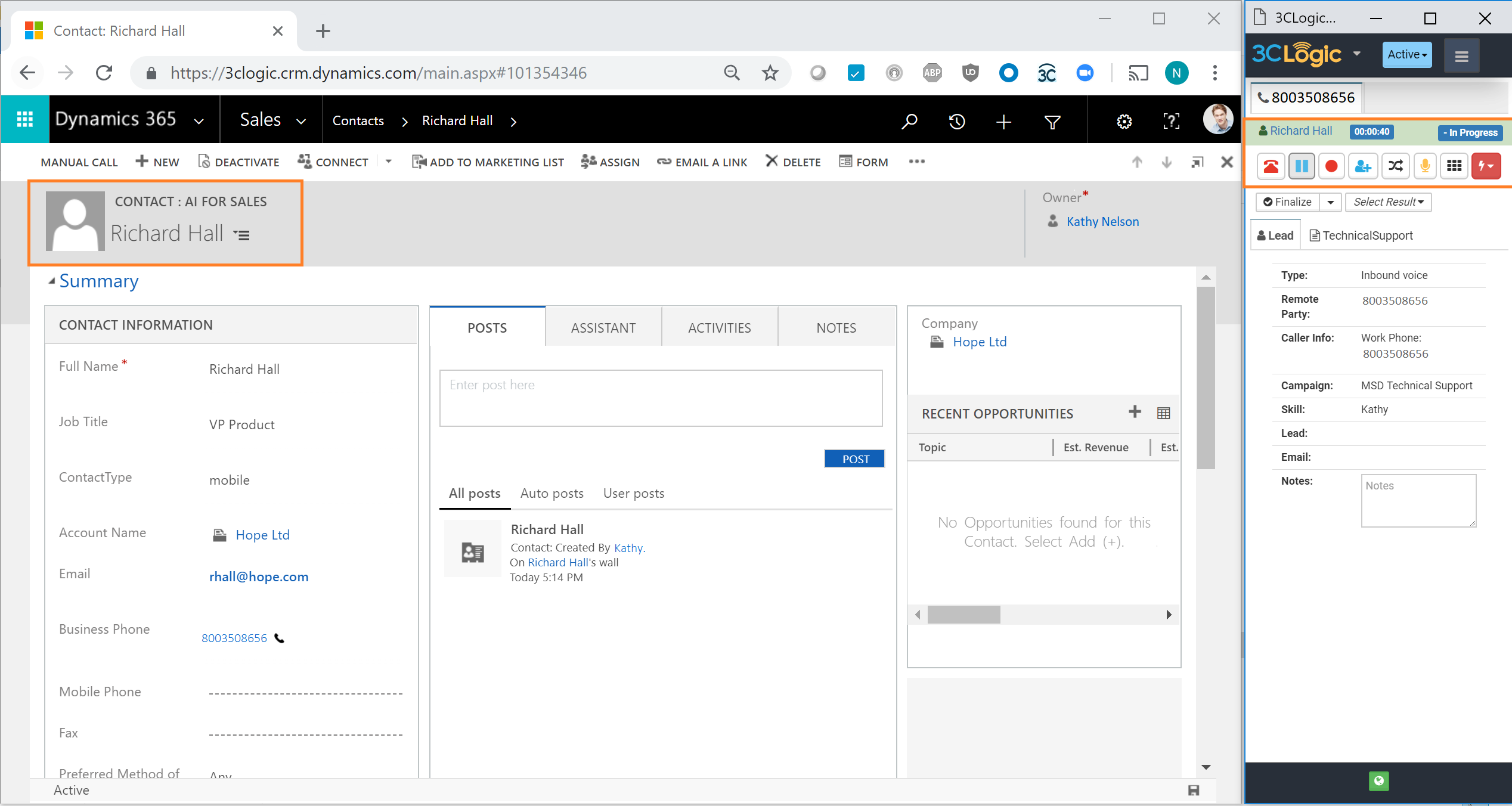 All agent-facing call controls are located in a single CTI window, viewable simultaneously with the CRM.