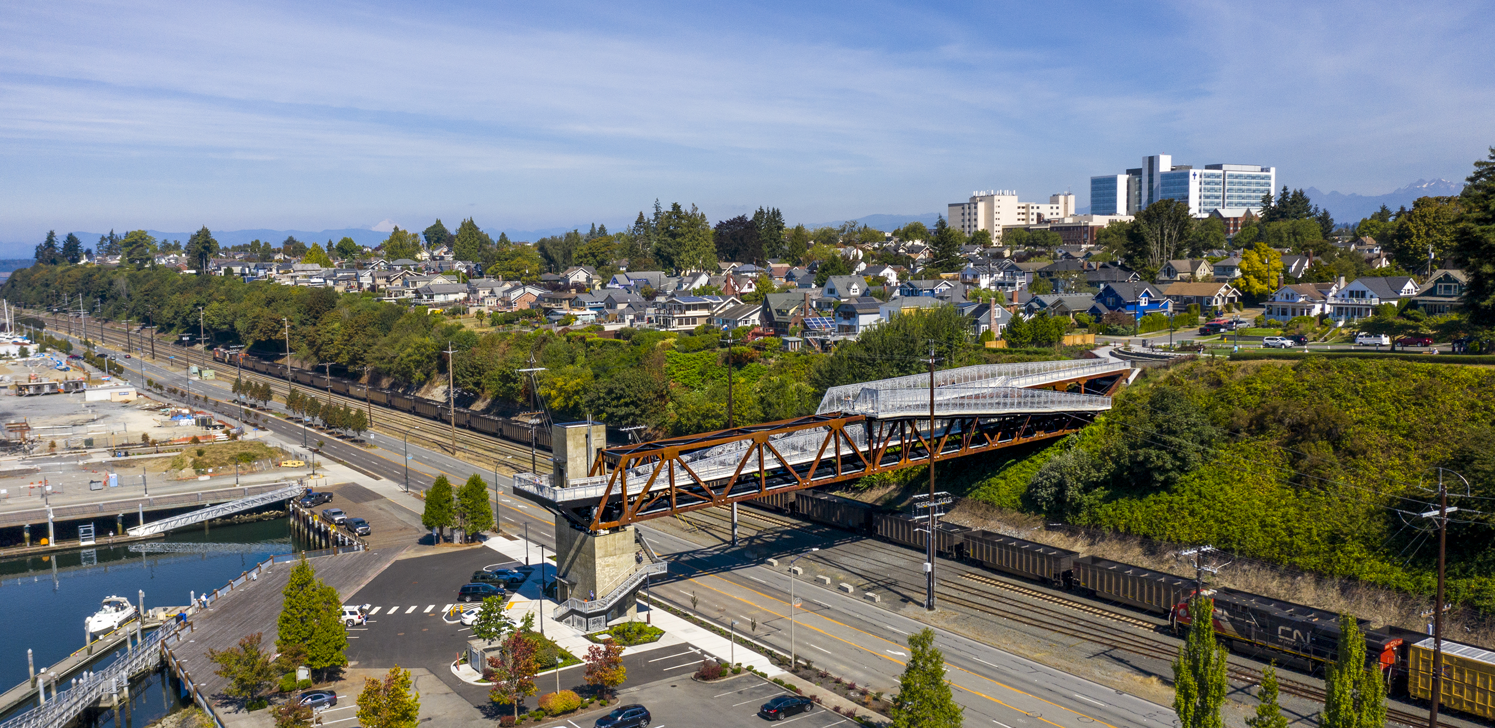 Aerial view of the new Grand Avenue Park Bridge in Everett, Washington. Photo: © Adam Hunter/LMN Architects.