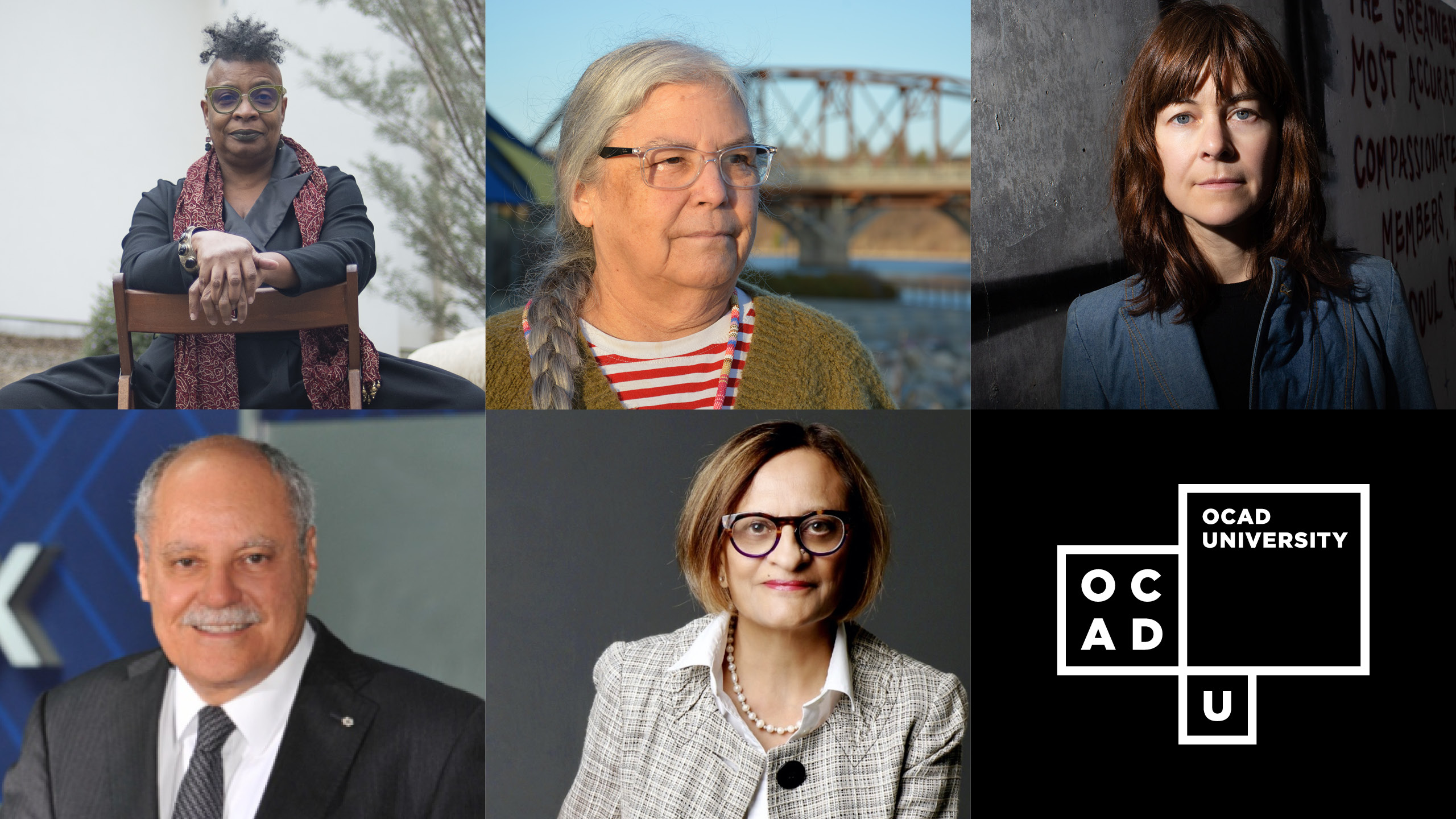 Top row (left to right) Nalo Hopkinson, Ruth Cuthand, Shary Boyle. Bottom row (left ro right): Ellis Jacob, Zainub Verjee