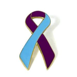 This purple and turquoise metal lapel pin conveys the awareness colors for suicide prevention.
