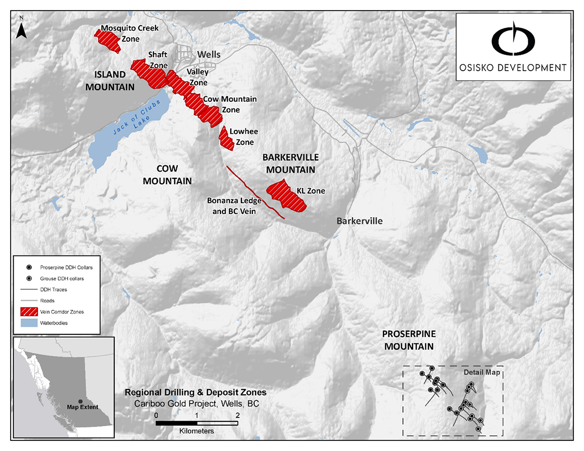 Figure 2 : gîtes de Cariboo et localisation des trous de forage