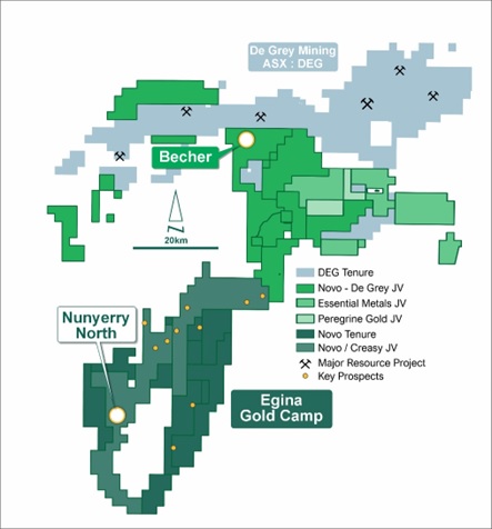 Figure 2: Egina Gold Camp prospectivity highlighting the Egina JV with De Grey and the Nunyerry North target, in addition to newly delineated structural targets for further exploration.