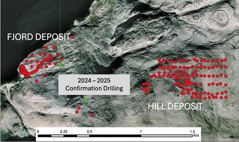 Fjord and Hill Deposit drill hole locations for 2007, 2010, 2013, 2024 in red with 2025 drill hole collars completed in July with 9 diamond holes awaiting drilling.