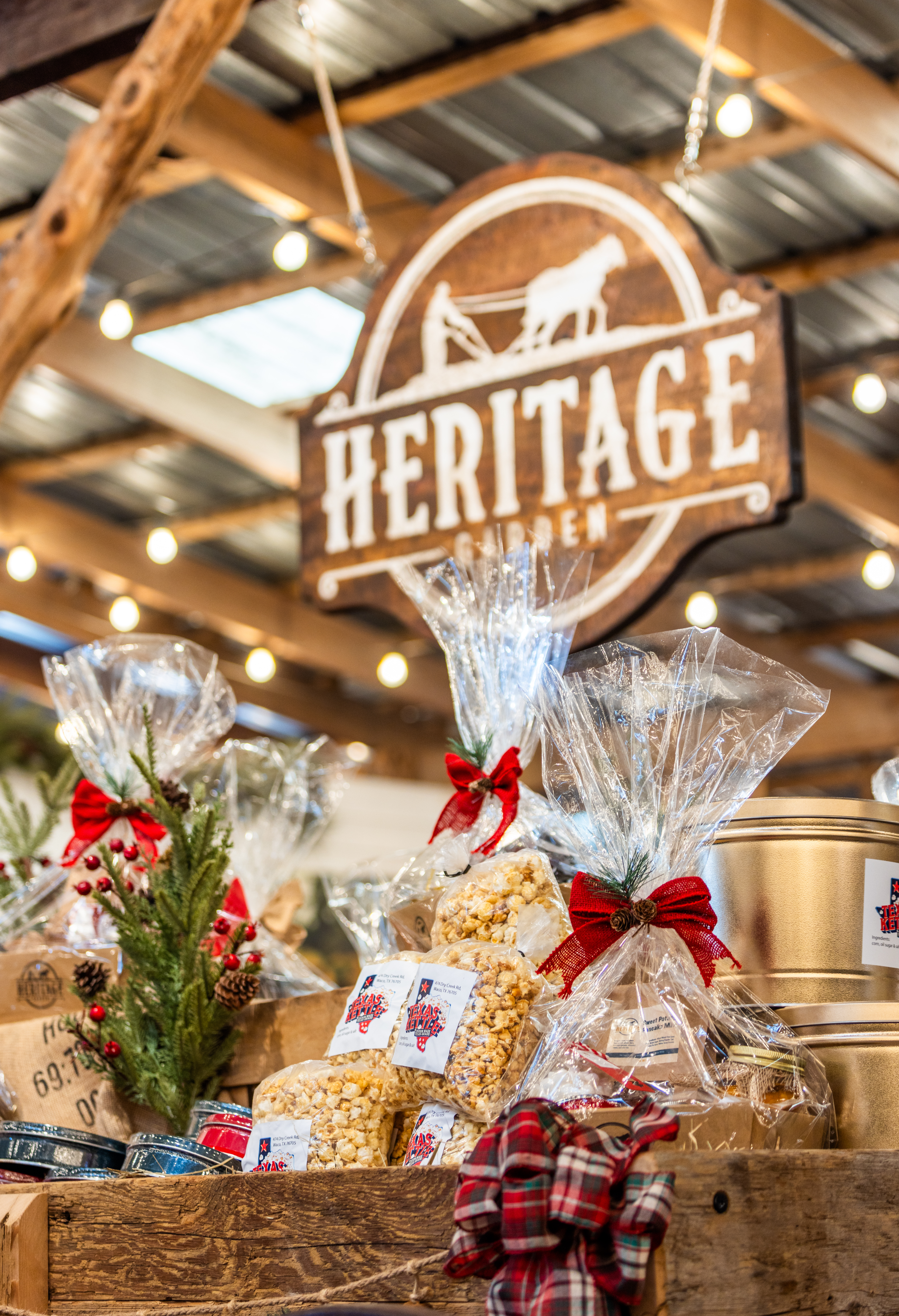 Wrapped popcorn with Heritage Garden sign in background