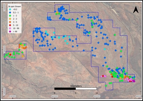 Figure 5: Wyloo Project in the South Pilbara showing the extensive high-order antimony stream sediment anomalies in the SE corner of the Tenement. Black box = inset Figure 6.