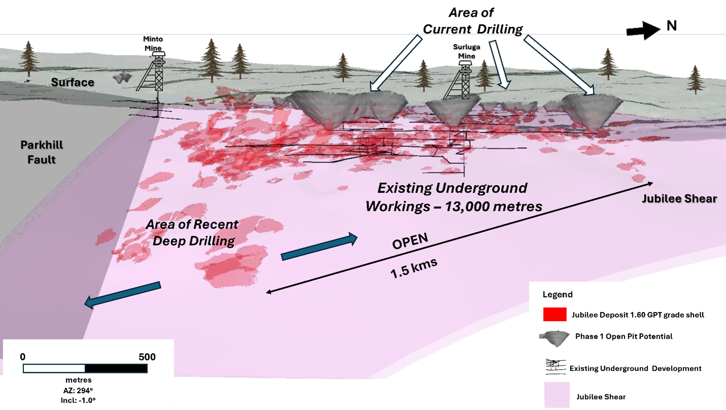 Figure 1 - 3D view showing conceptual pits and existing underground workings.