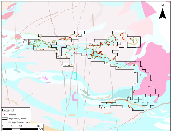 Samples (173) and tracks. Background: regional Quebec Government lithology map. Red and darkpink, granitoids. Shades of blue, paragneiss. Light pink, orthogneiss.