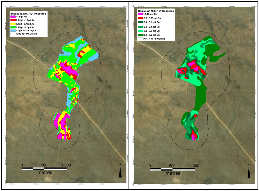 Surface projection of the Beskauga deposit showing the gold and the copper cut-offs. Also shown is the outline of the Lerch-Grossman conceptual pit.