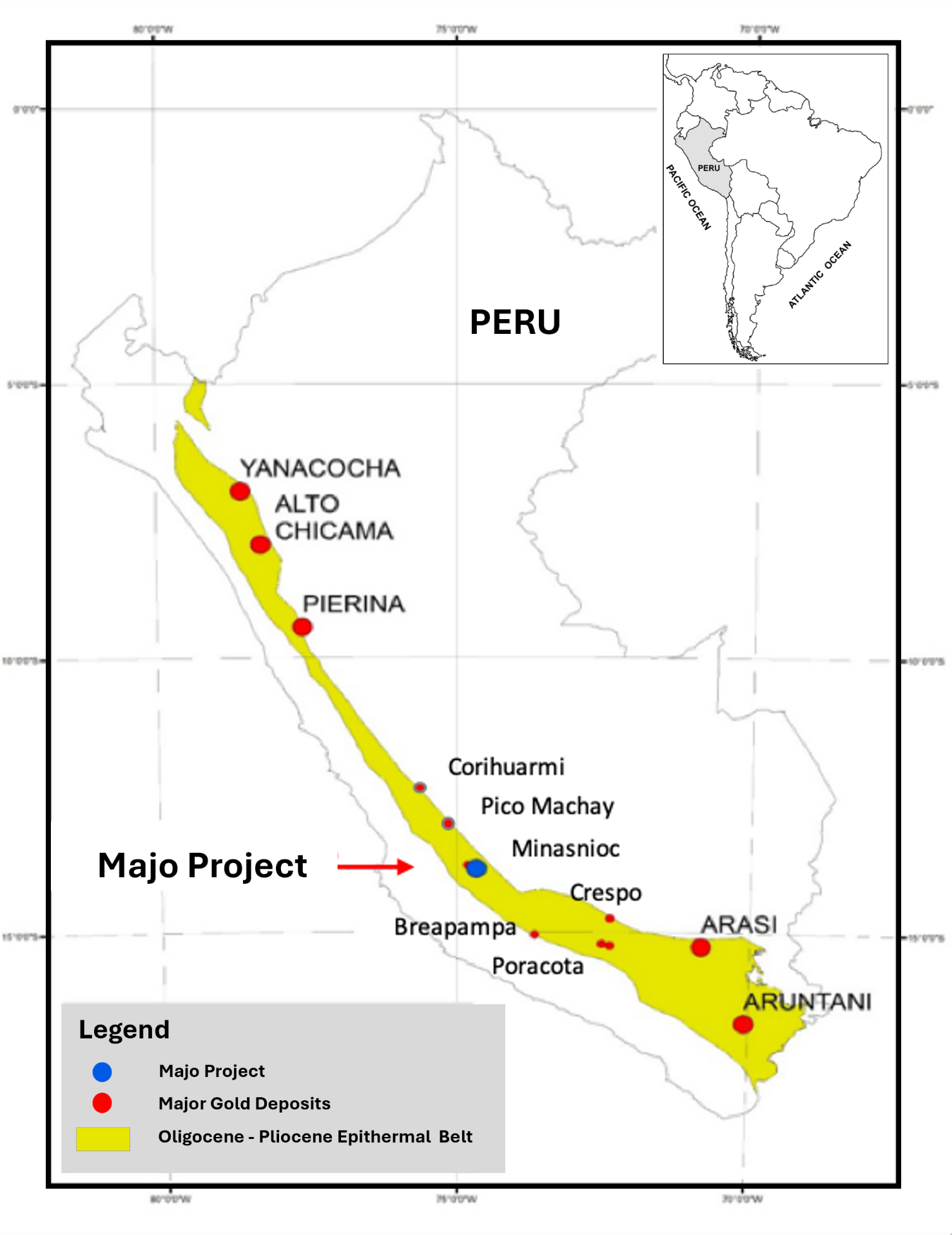 Figure 1: Majo Project Location with Oligocene-Pliocene Epithermal Belt of Peru