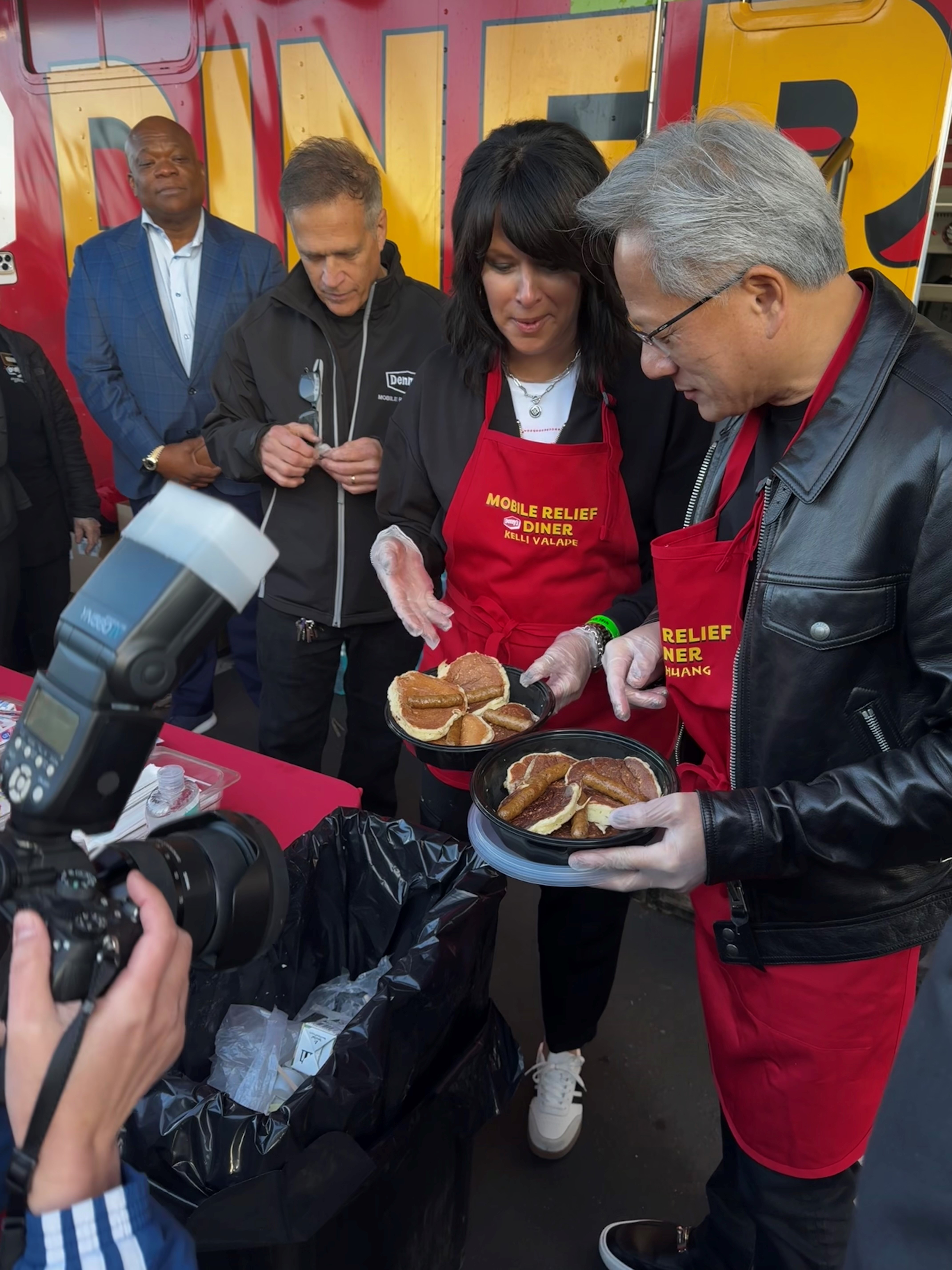 Denny's Kelli Valade and Jensen Huang, NVIDIA Founder and CEO, enjoy Denny's new limited time NVIDIA Breakfast Bytes