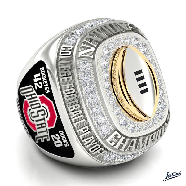 The 2014 inaugural CFP Championship Ring awarded to Ohio State University, designed and manufactured by Jostens. 