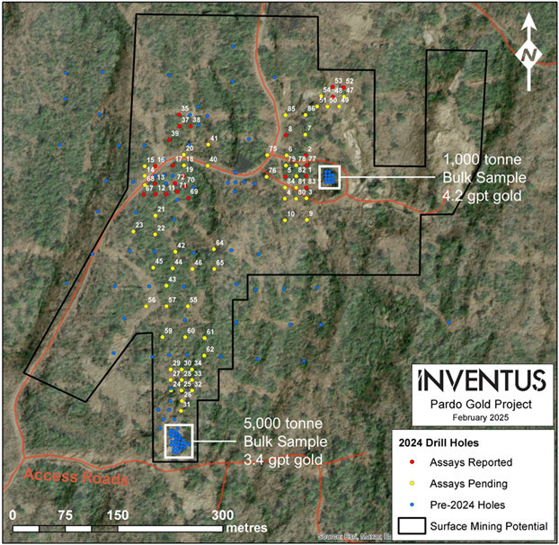 Location of the Phase 1 resource drill holes on the Pardo Gold Project.