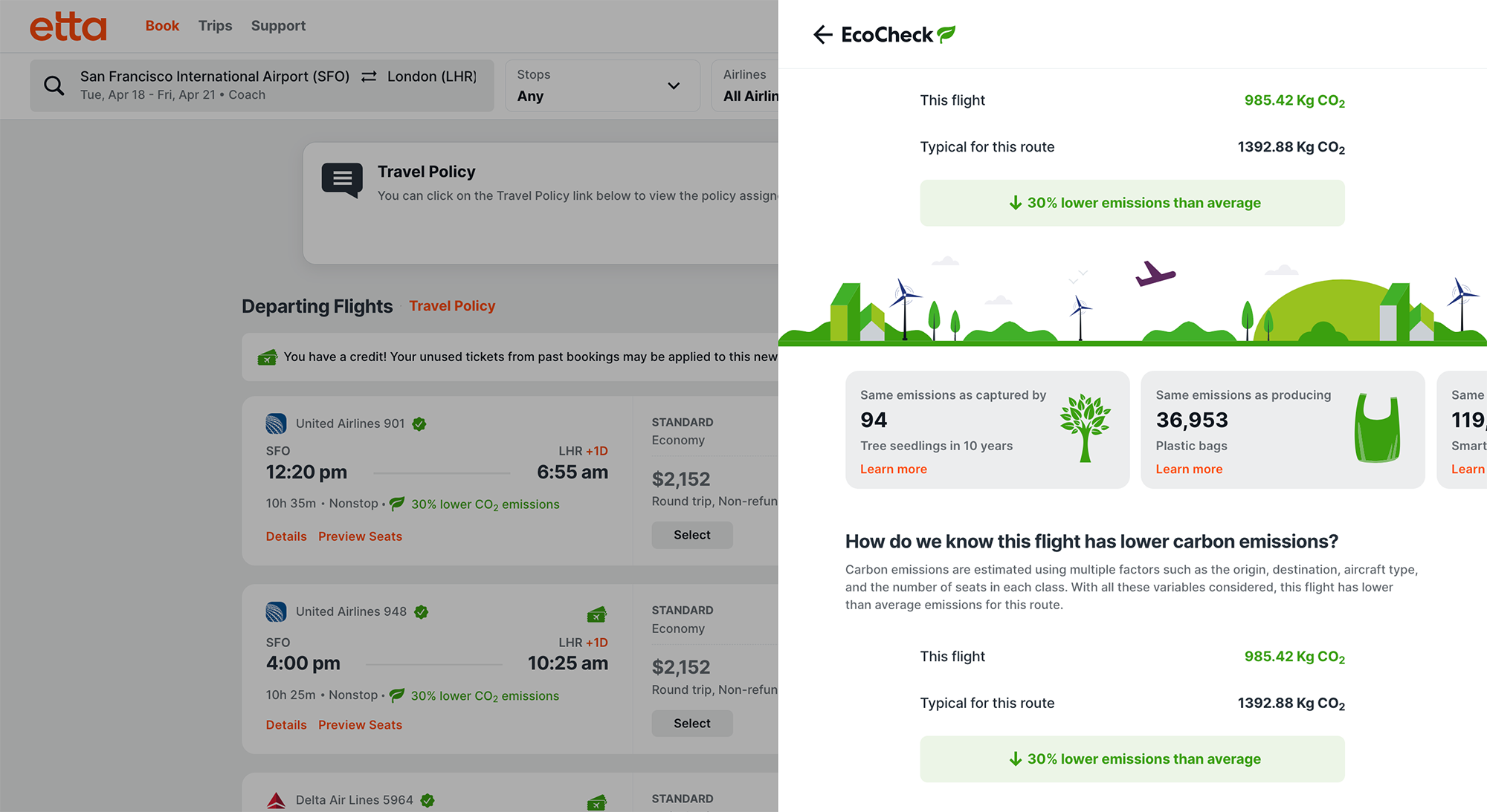 EcoCheck in Etta, the corporate travel management software powered by Deem