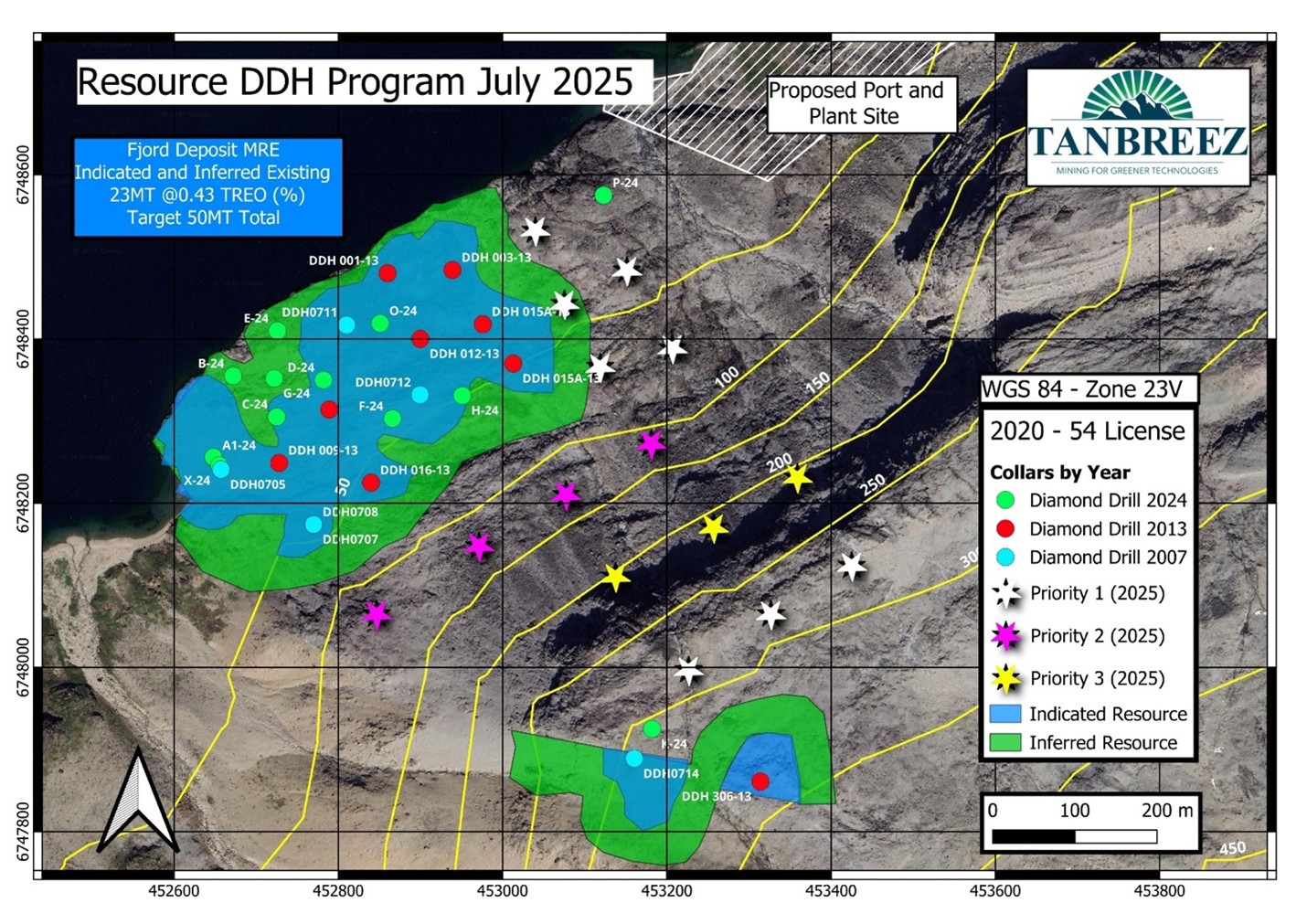 Resource diamond drilling program hole collars in relation to historical diamond and RC drilling and December 2024 confirmation drilling over the Fjord MRE Area 