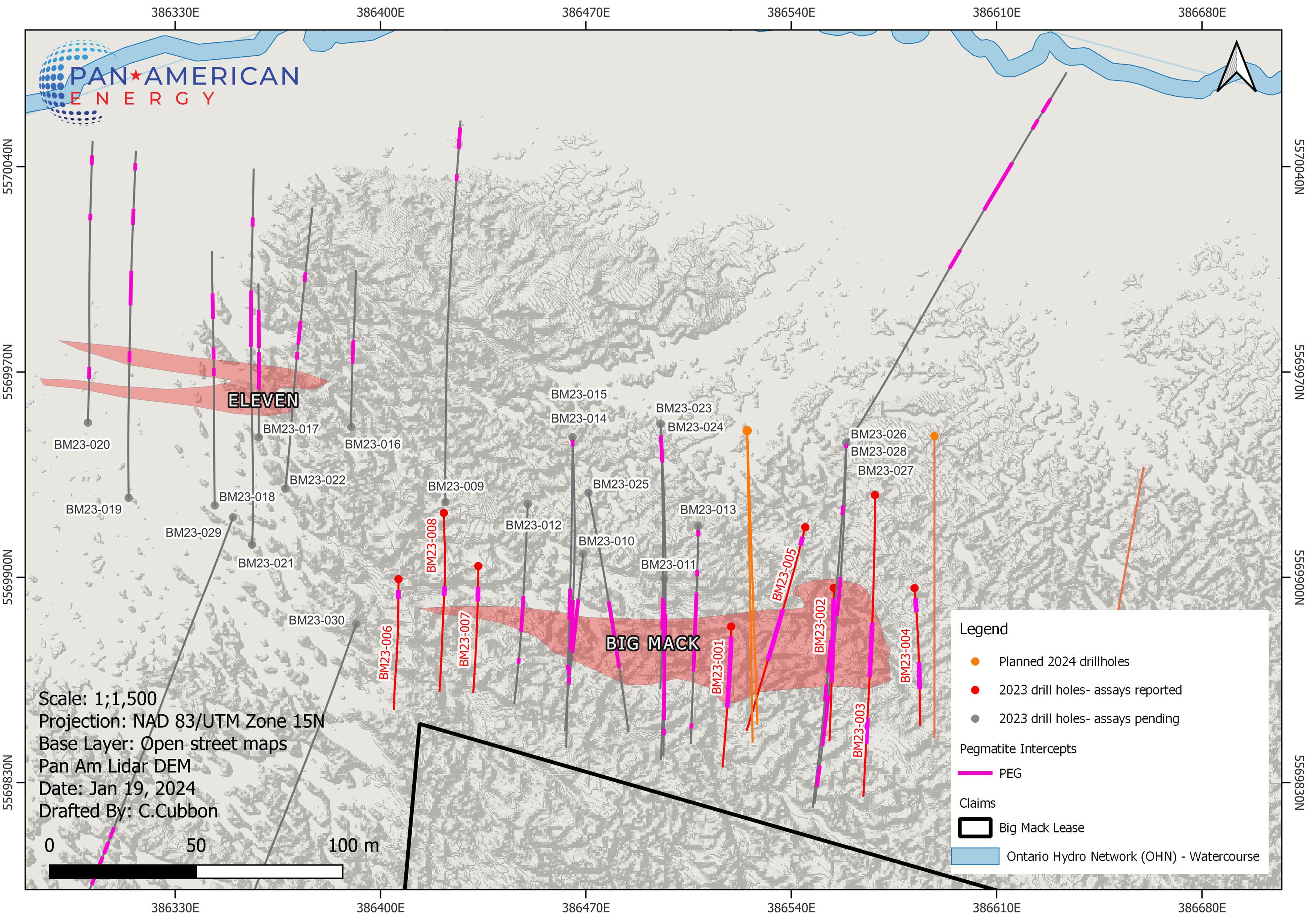 Figure 4: Close up view of Big Mack (Assayed holes in Red)