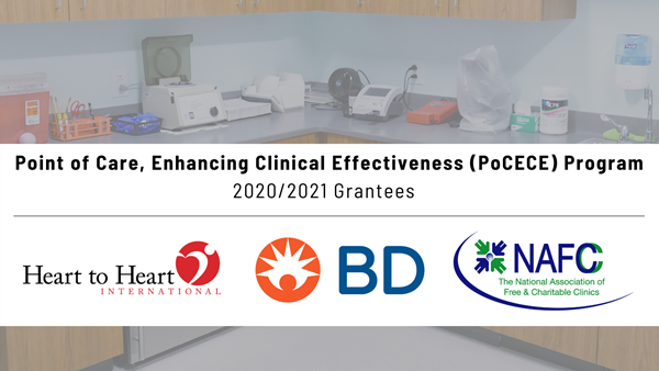 Point of Care, Enhancing Clinical Effectiveness (PoCECE) program graphic with picture of a clinical laboratory and logos for BD, NAFC and HHI