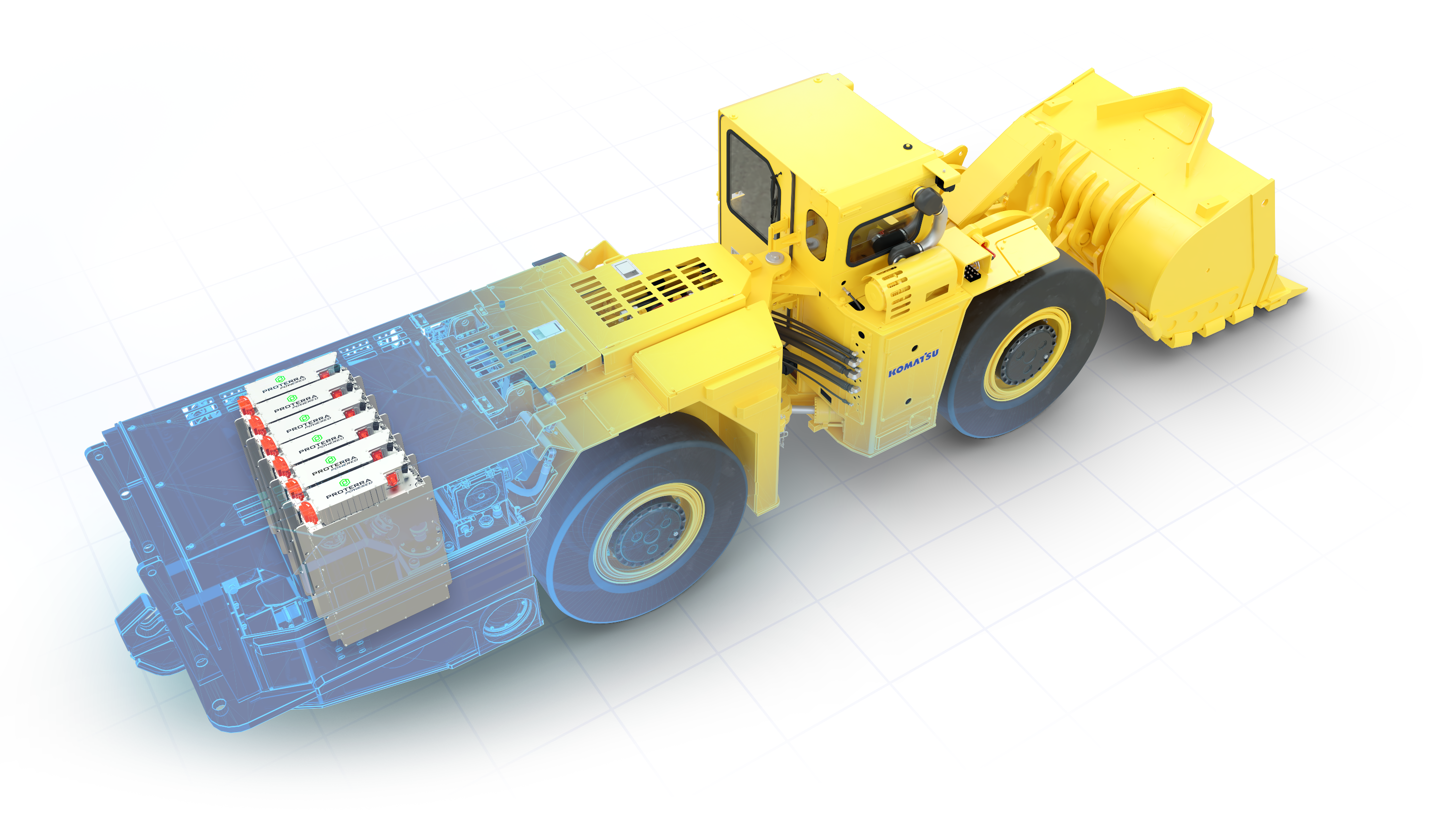 A Komatsu underground LHD is pictured with Proterra batteries.