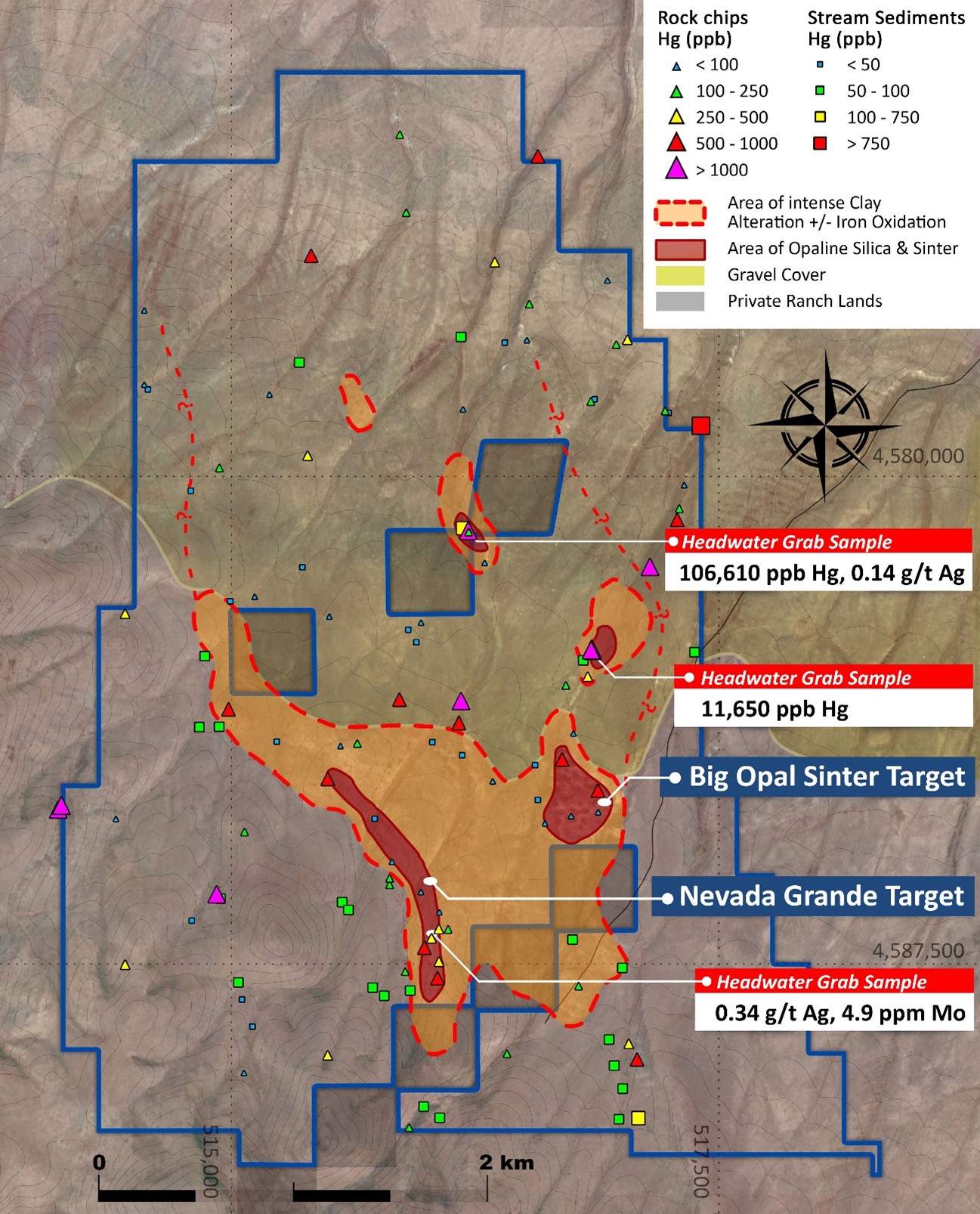 Figure 4-  Headwater’s Midas North property map, showing the location of the principal target areas with rock and stream sediment sample mercury geoch